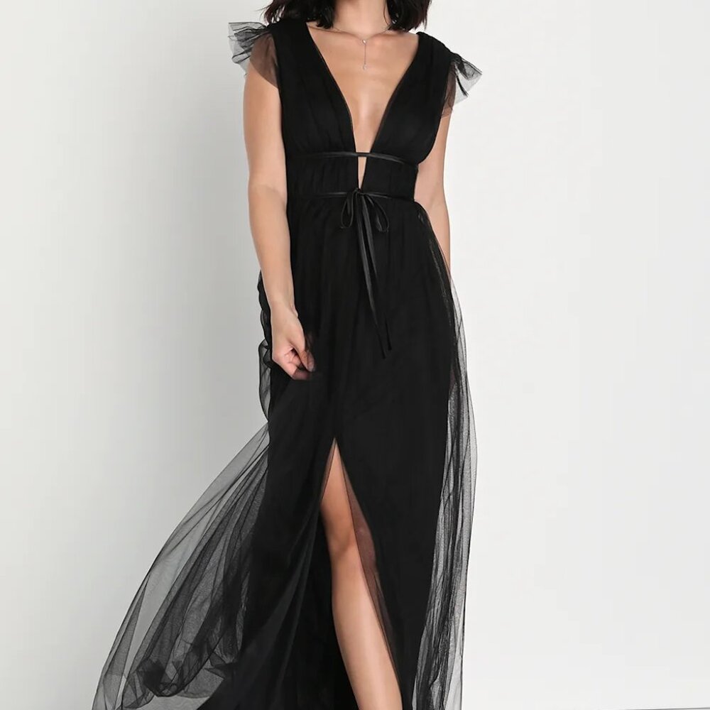 Lulus Black Tulle Ruffled Maxi Dress